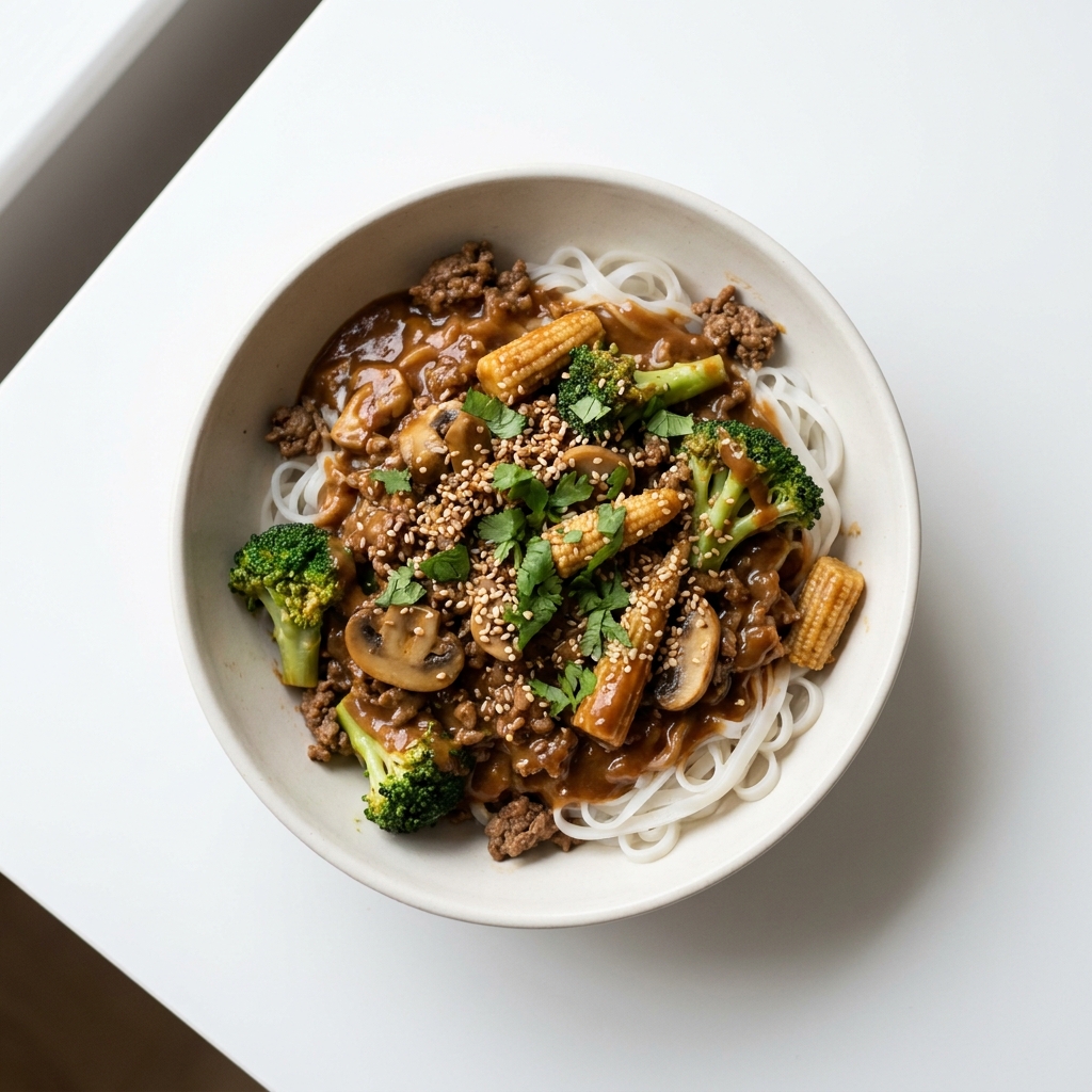 Beef Mince Satay Rice Noodle Stir-Fry, prepared as a finished Lila recipe