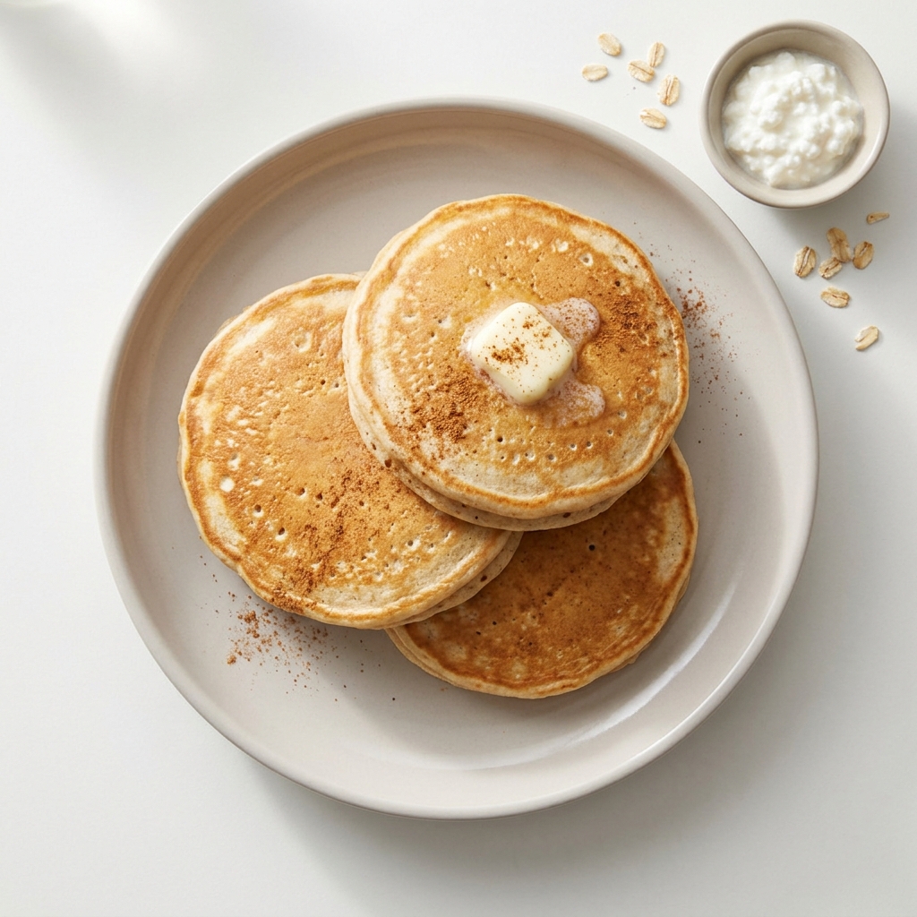 Fluffy Cottage Cheese Oat Pancakes, prepared as a finished Lila recipe