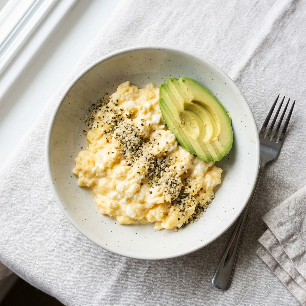 Quick Scrambled Egg and Cottage Cheese Breakfast Bowl, prepared as a finished Lila recipe