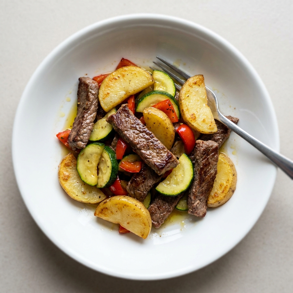 Quick Steak and Potato Hash with Courgette and Bell Pepper, prepared as a finished Lila recipe