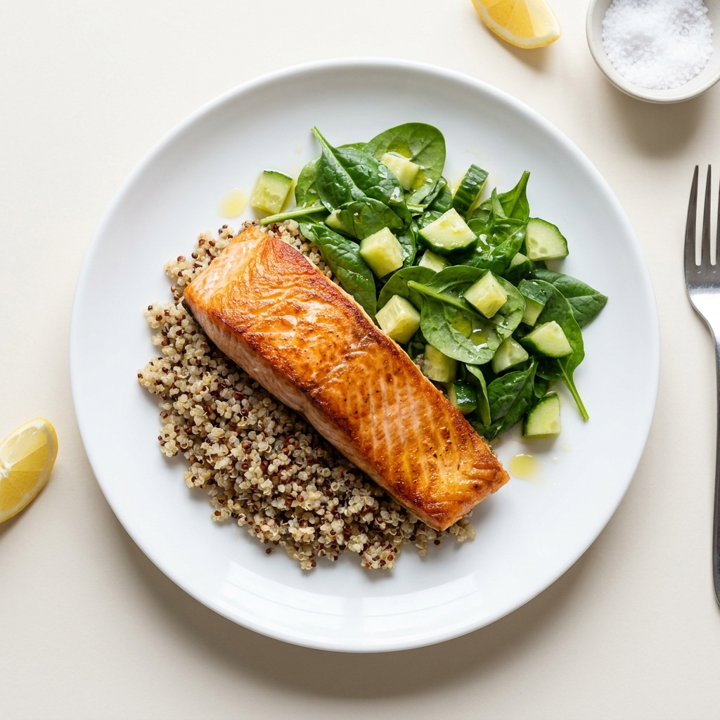 Pan Seared Salmon with Quinoa and Cucumber Salad, prepared as a finished Lila recipe