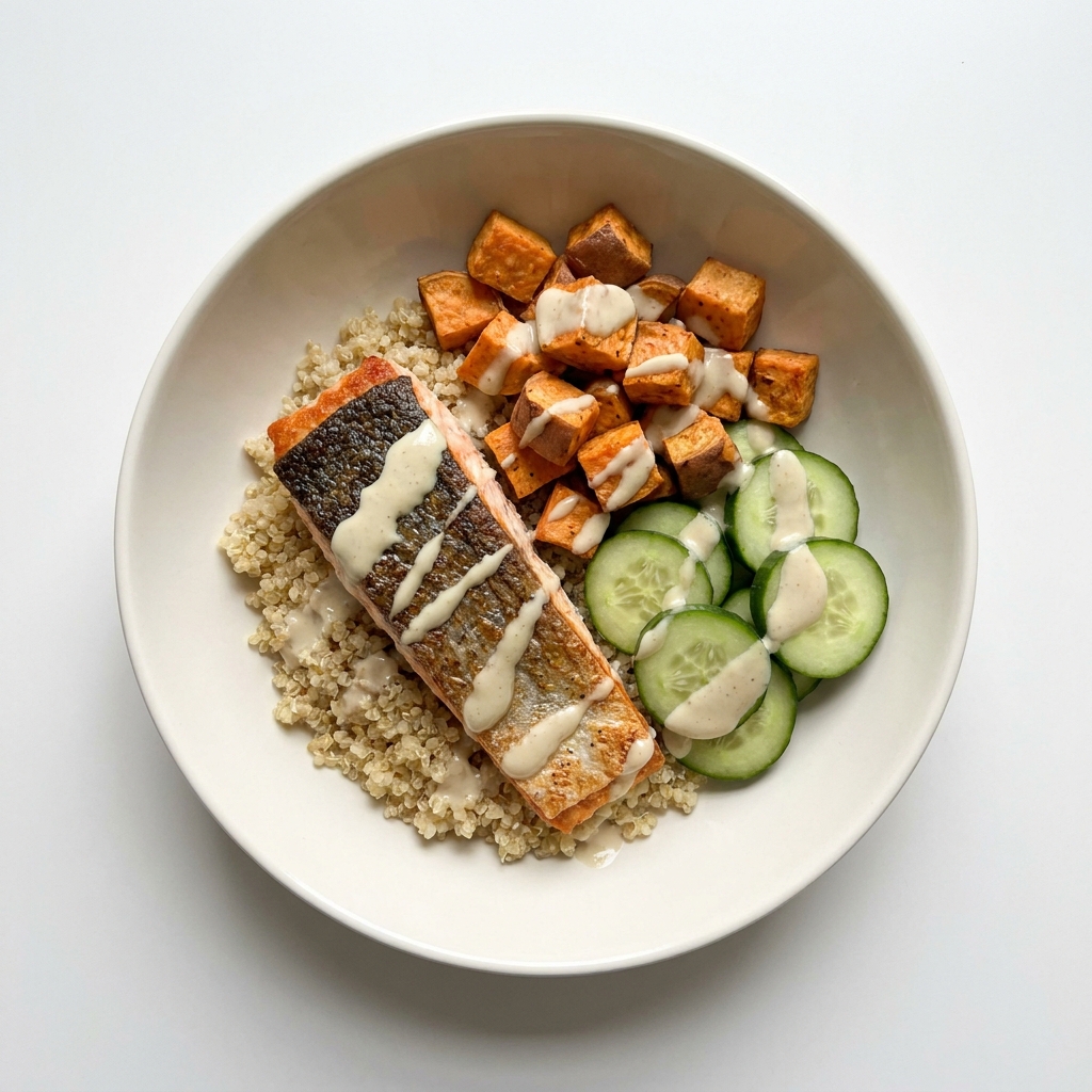 Mediterranean Salmon Grain Bowl With Lemon Tahini, prepared as a finished Lila recipe