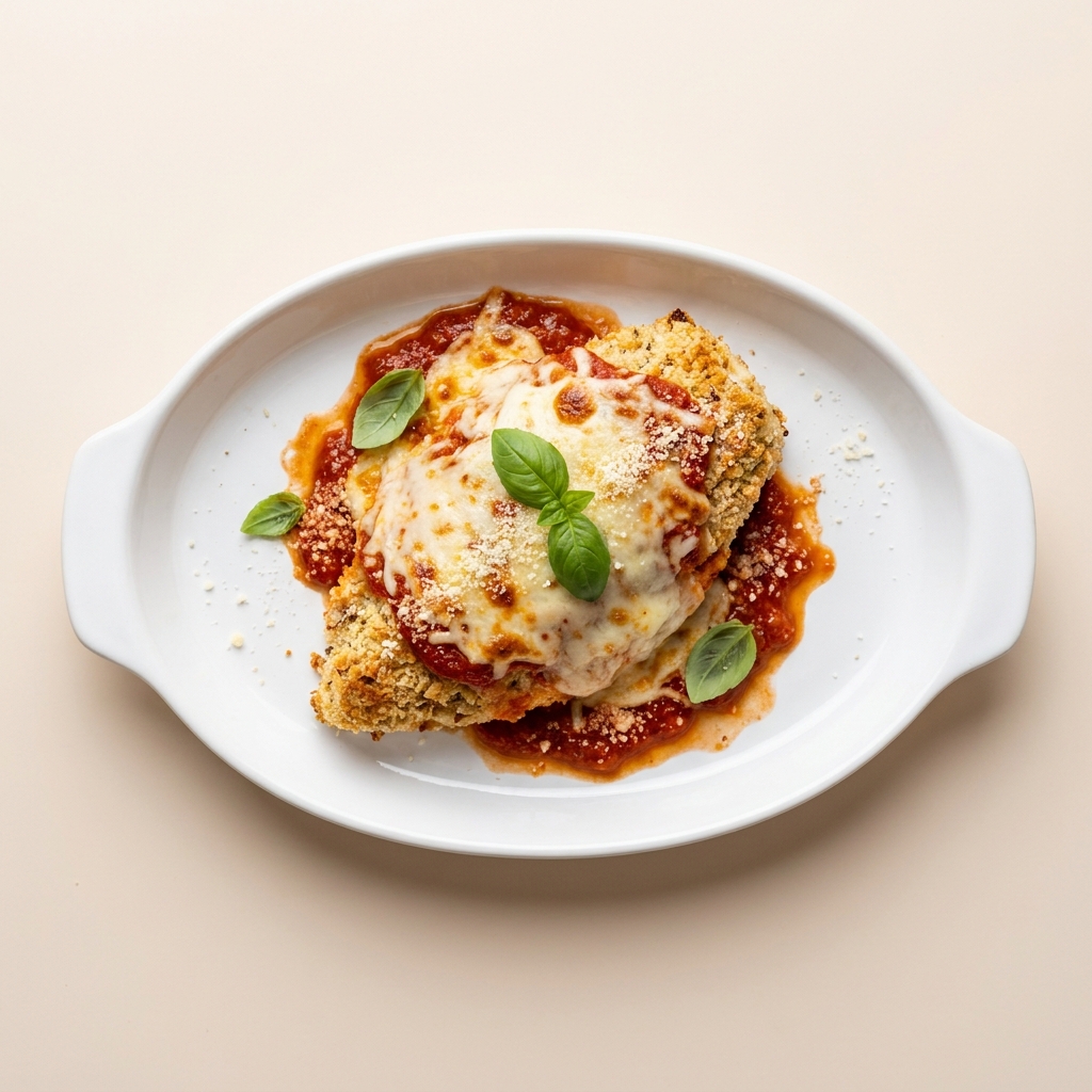 Baked Almond Crusted Chicken Parmesan, prepared as a finished Lila recipe