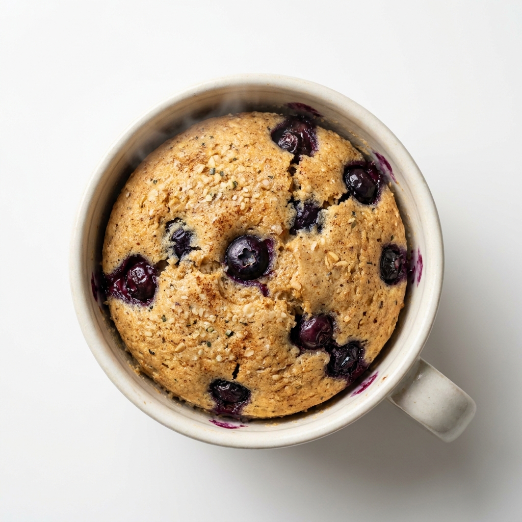 High Protein Blueberry Microwave Oat Mug Cake, prepared as a finished Lila recipe