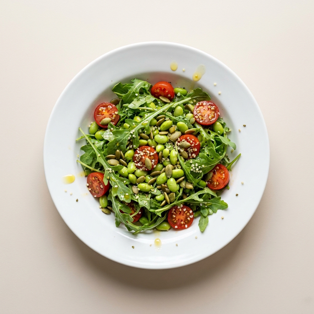 Lemon Edamame & Pepita Crunch Salad, prepared as a finished Lila recipe