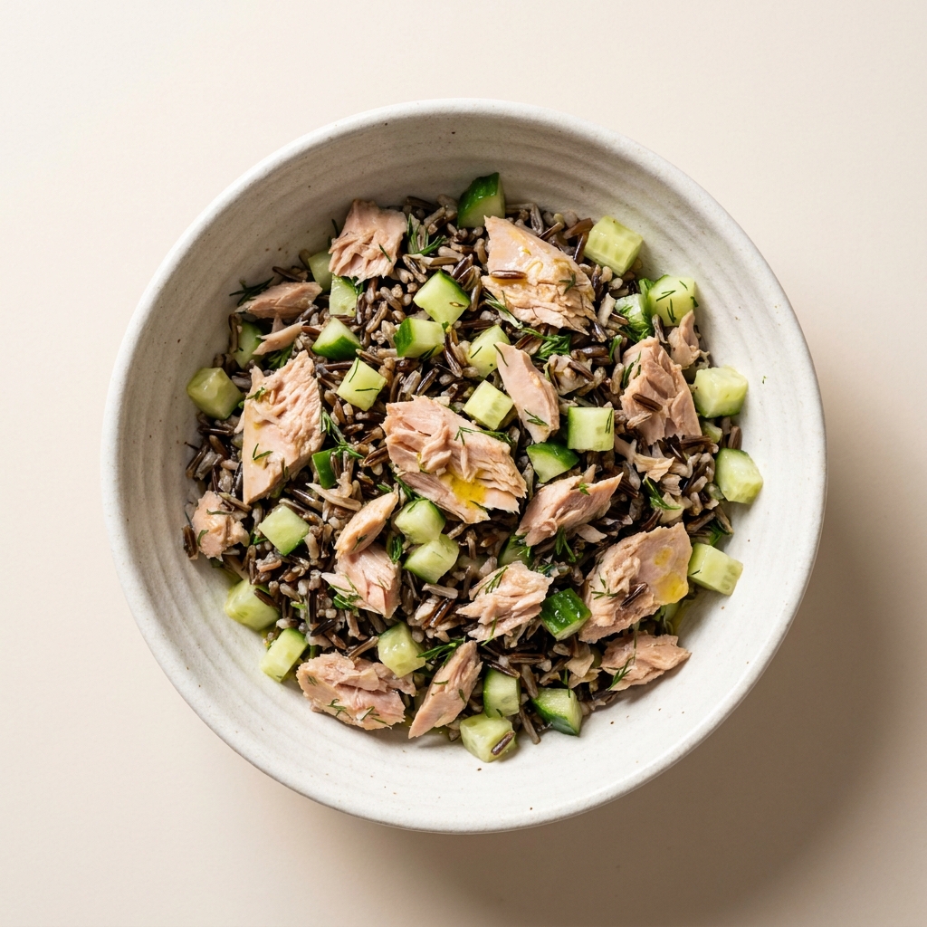Lemon Herb Tuna and Wild Rice Salad, prepared as a finished Lila recipe