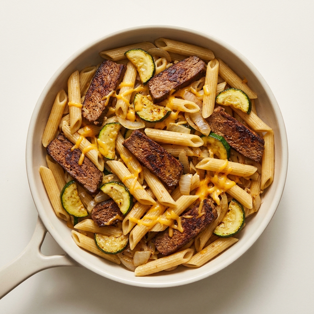 Protein Plus Pasta with Vegan Steak and Cheesy Zucchini, prepared as a finished Lila recipe