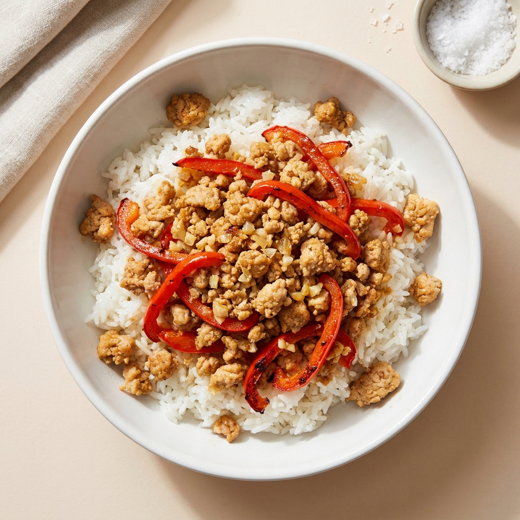 Garlic Ground Turkey and Bell Pepper Rice Bowl, prepared as a finished Lila recipe