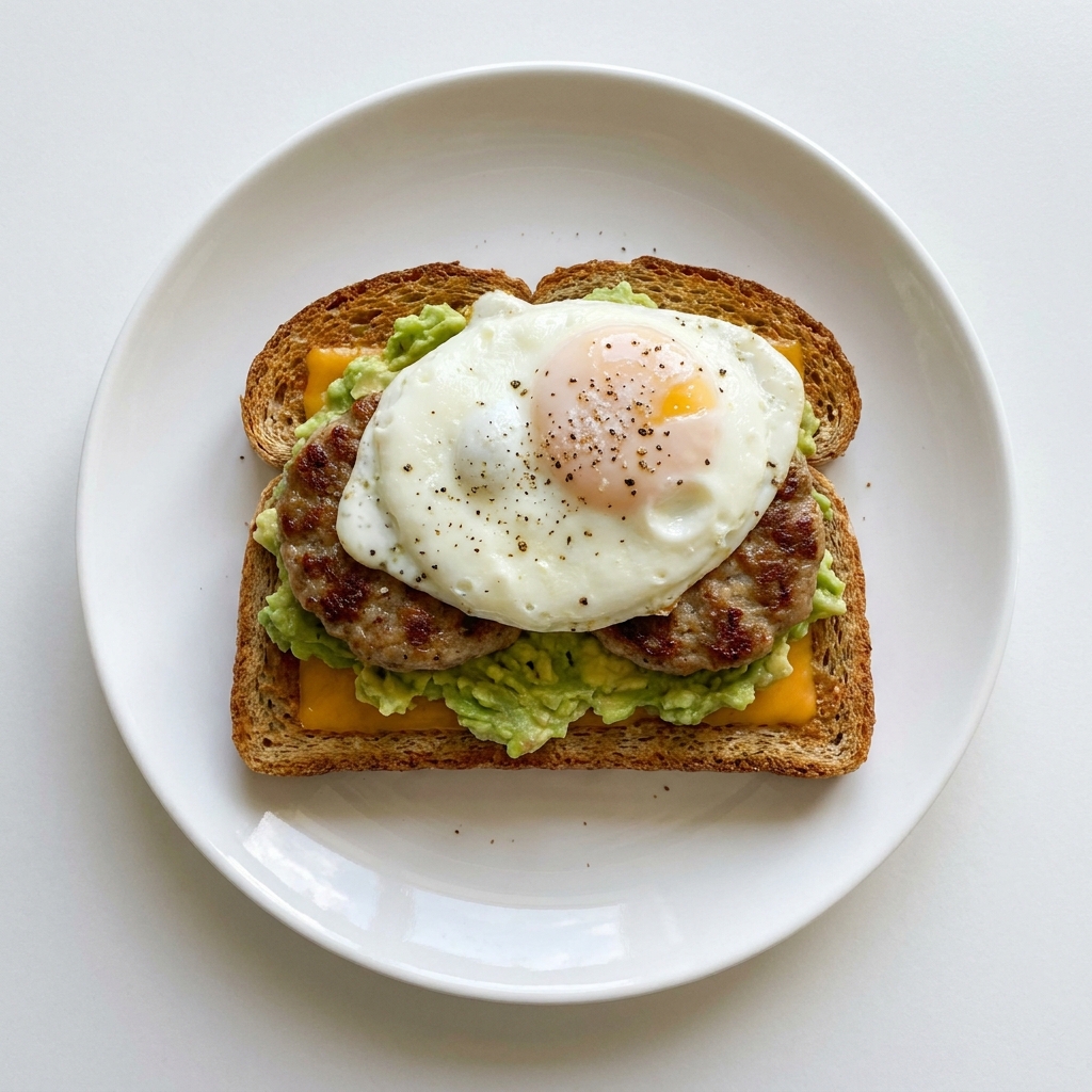 Sausage Egg and Cheese Toast with Avocado, prepared as a finished Lila recipe