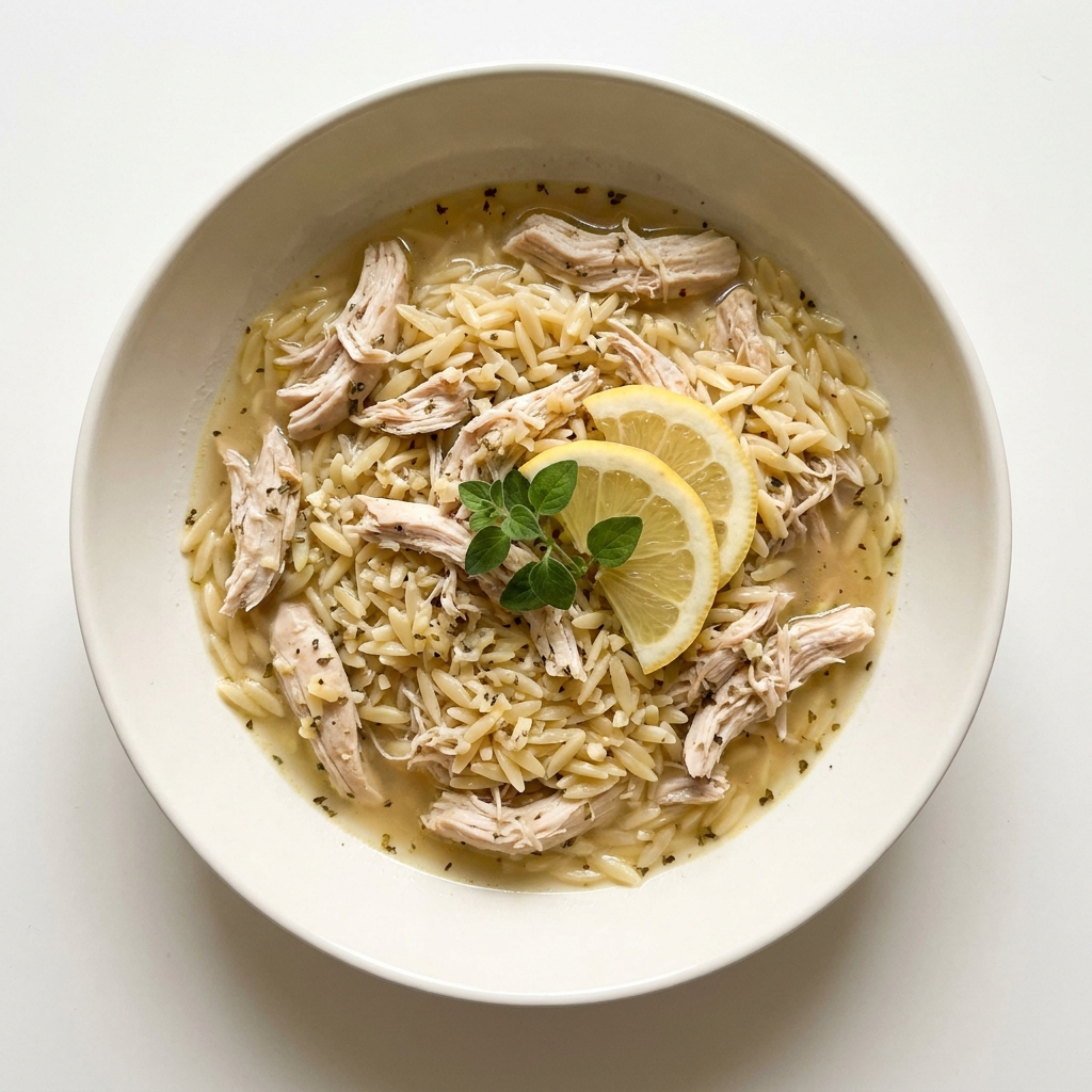 Slow Cooker Lemon Chicken Orzo, prepared as a finished Lila recipe