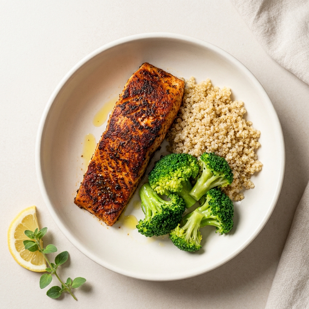 Mediterranean Blackened Salmon with Quinoa and Broccoli, prepared as a finished Lila recipe