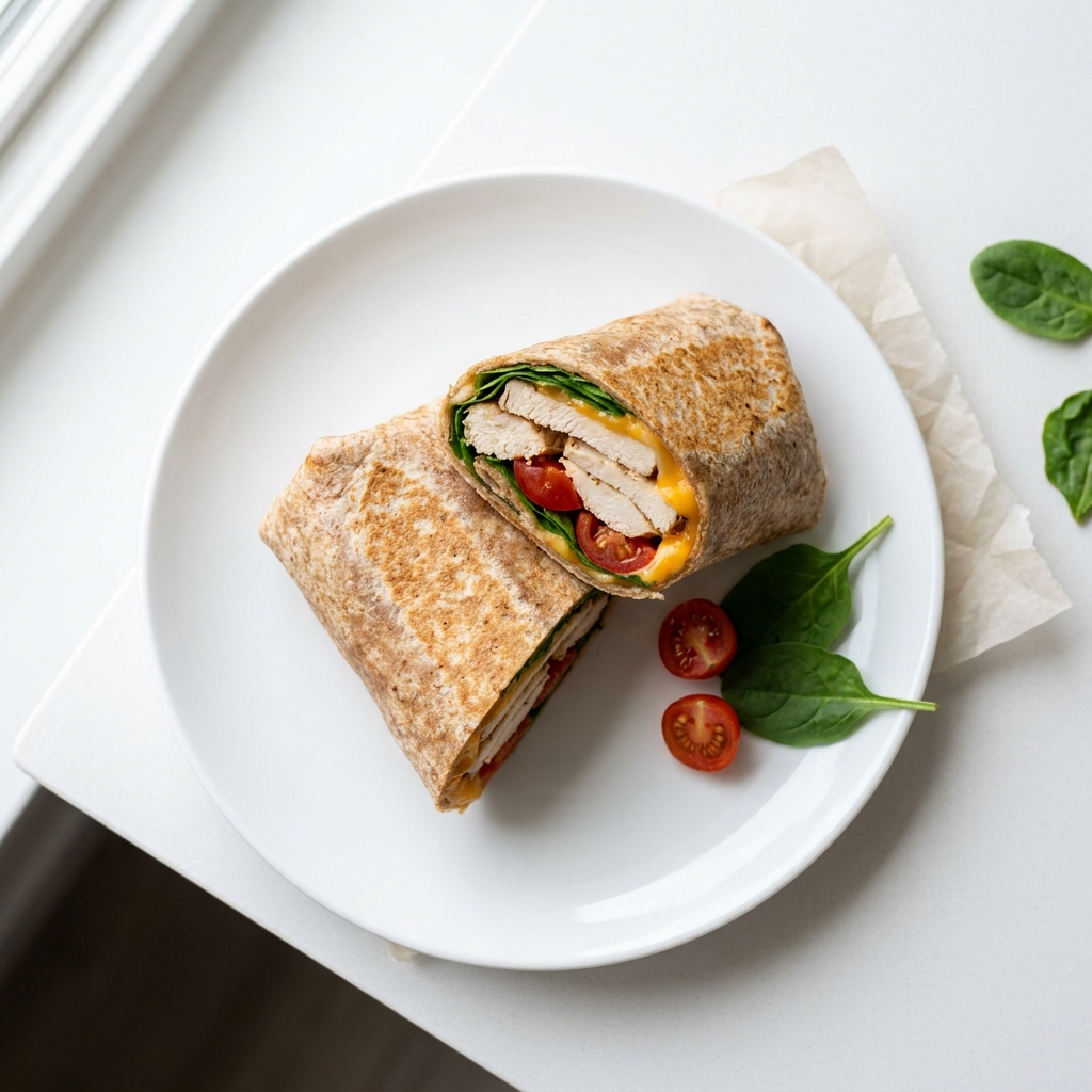 Chicken Cheddar and Spinach Lunch Wrap, prepared as a finished Lila recipe