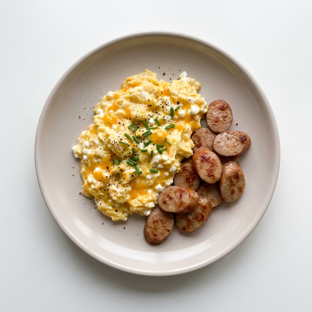 Protein-Packed Scrambled Eggs with Cheddar, Cottage Cheese & Chicken Maple Sausage, prepared as a finished Lila recipe