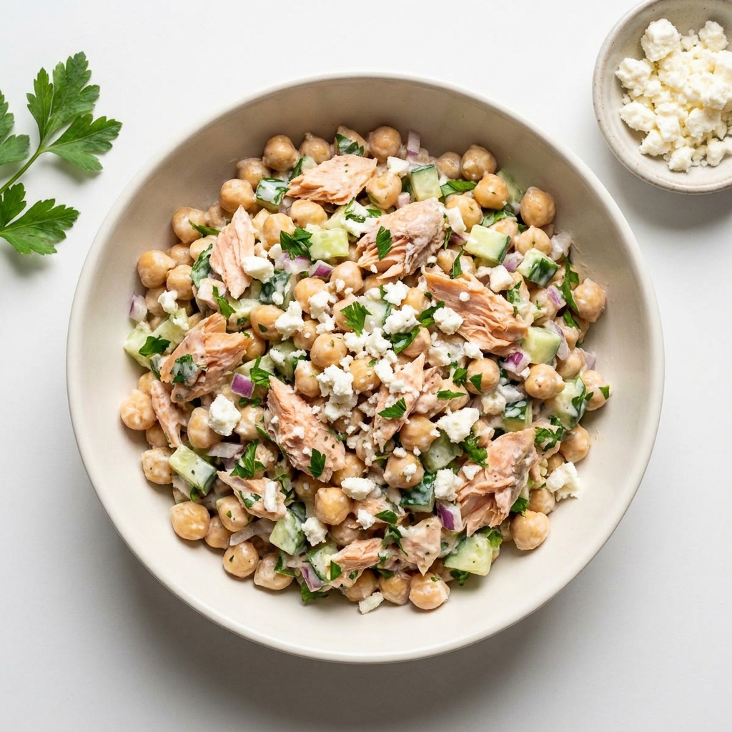 Oil-Free High Protein Mediterranean Chickpea & Trout Salad, prepared as a finished Lila recipe