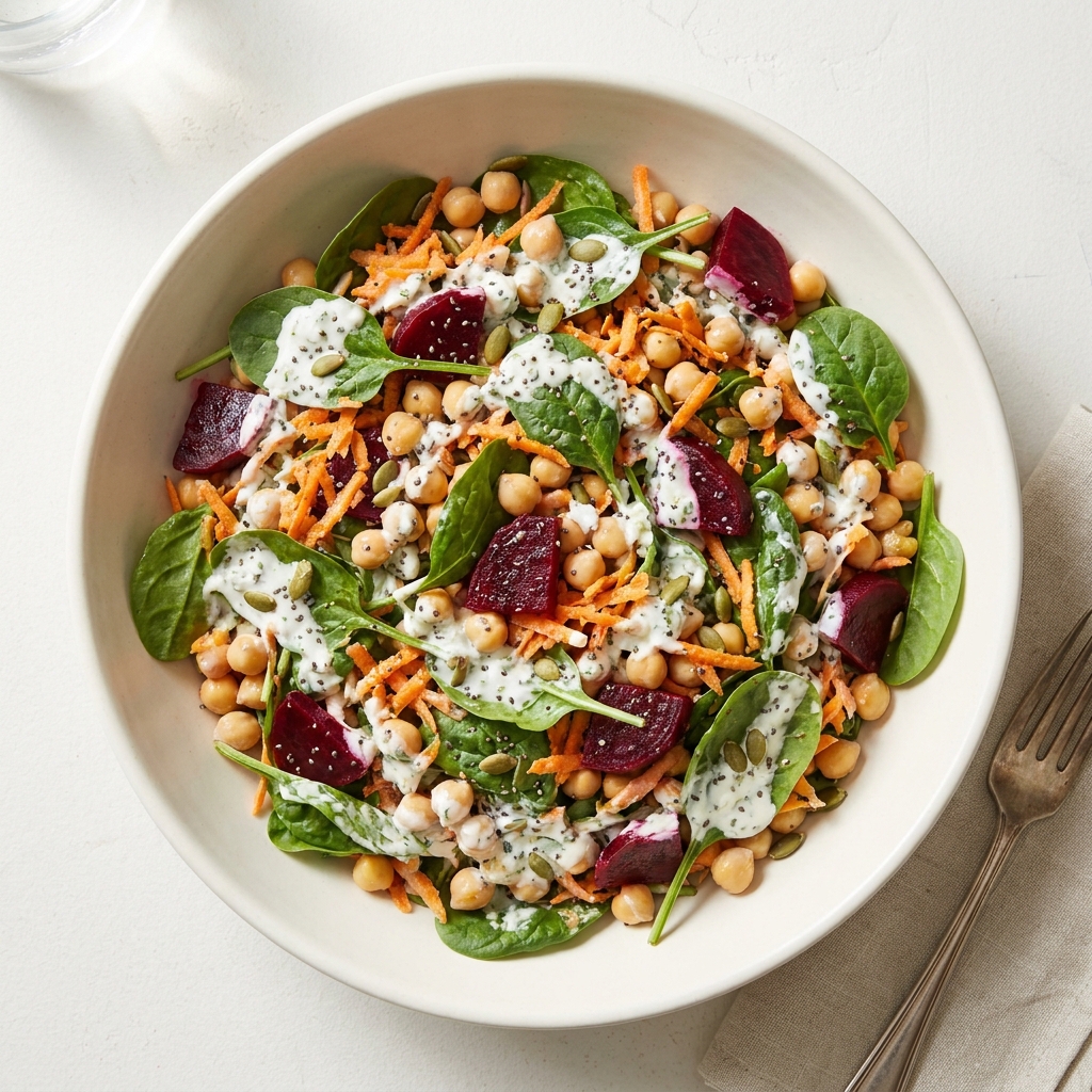 Batch Prep Chickpea Beetroot & Spinach Salad, prepared as a finished Lila recipe