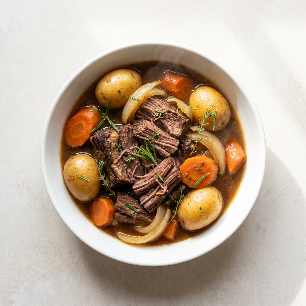 Slow Cooker Beef Pot Roast with Carrots and Potatoes, prepared as a finished Lila recipe