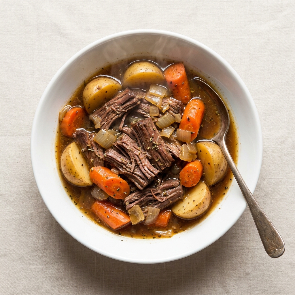 Slow Cooker Beef Pot Roast with Carrots and Potatoes, prepared as a finished Lila recipe