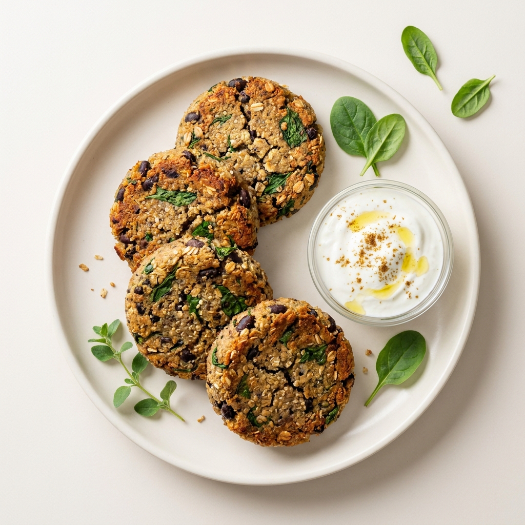Baked Mediterranean Black Bean Quinoa Burgers, prepared as a finished Lila recipe