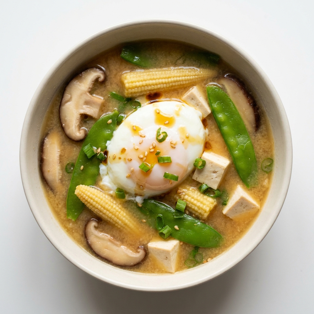 Ginger Miso Poached Egg and Tofu Broth Bowl, prepared as a finished Lila recipe