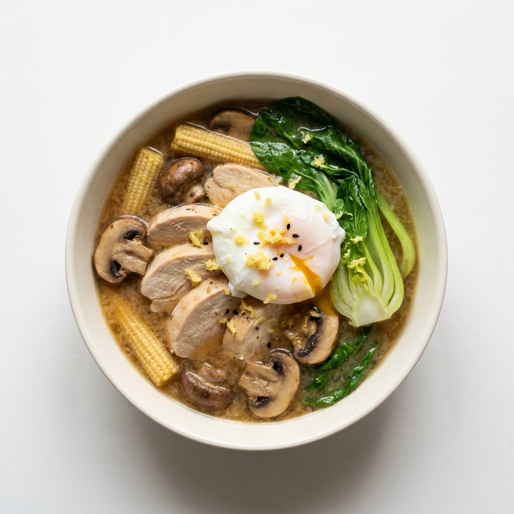 Ginger Tamari Chicken and Poached Egg Broth Bowl, prepared as a finished Lila recipe