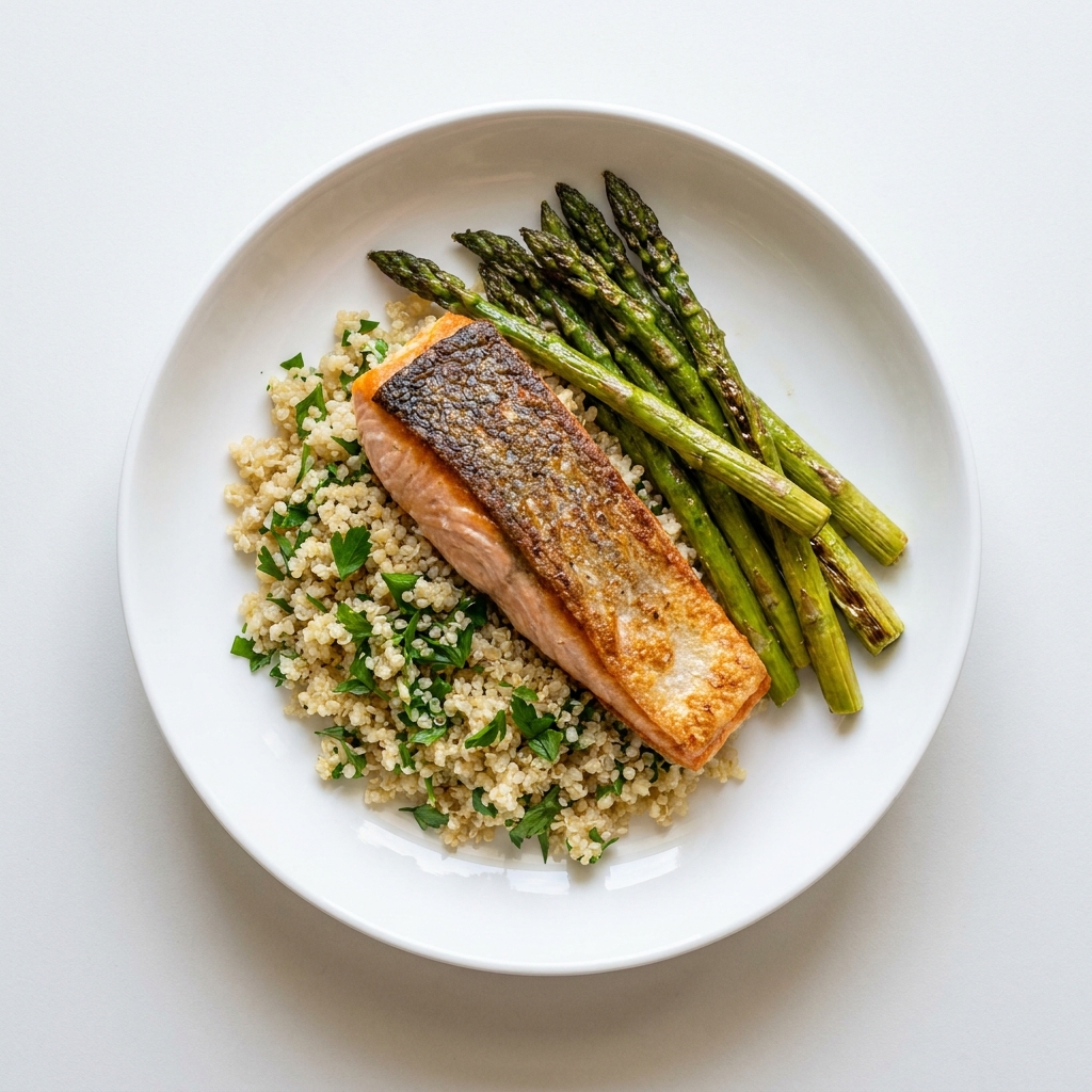 Pan-Seared Salmon with Lemon Herb Quinoa, prepared as a finished Lila recipe