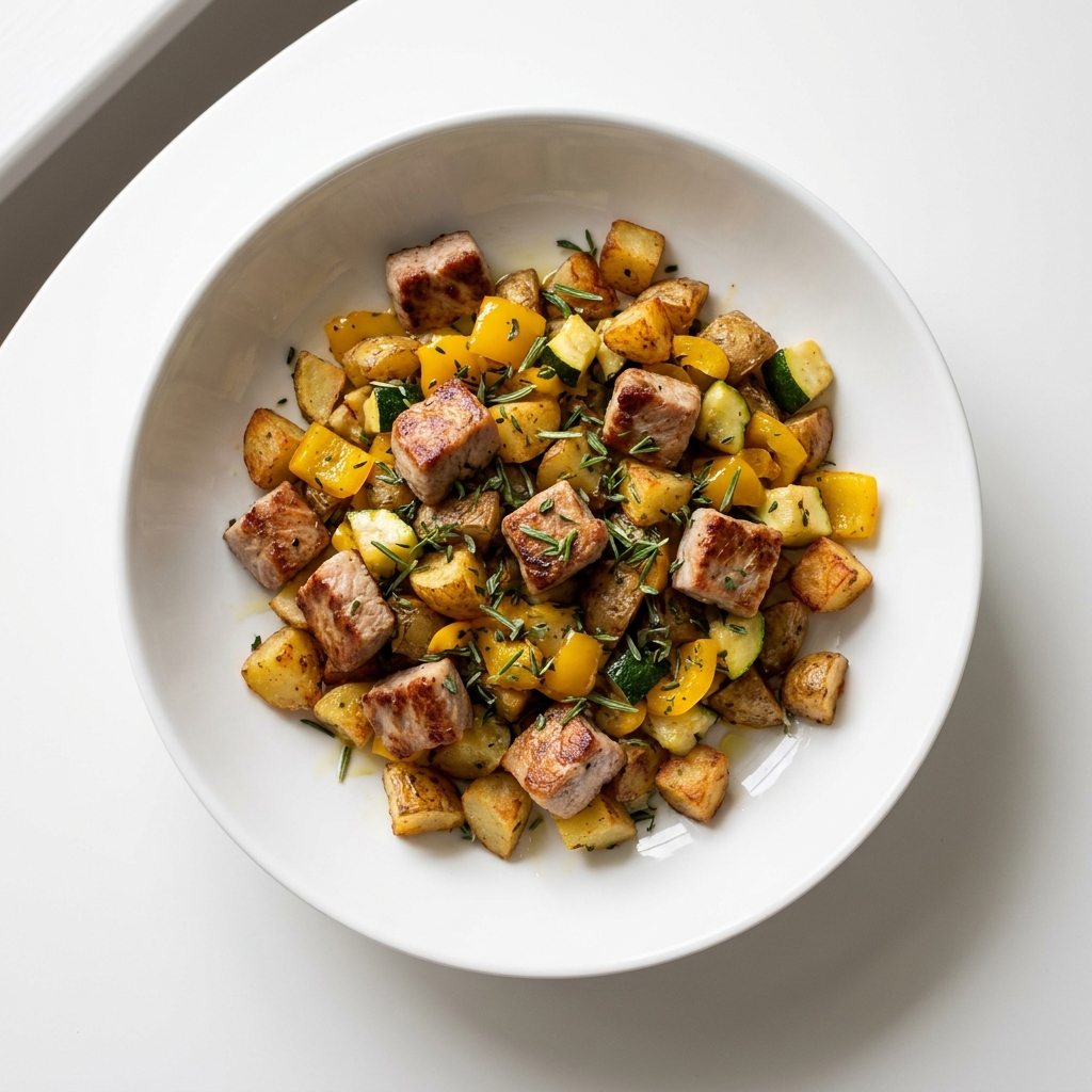 Lemon Herb Pork and Potato Skillet Hash, prepared as a finished Lila recipe