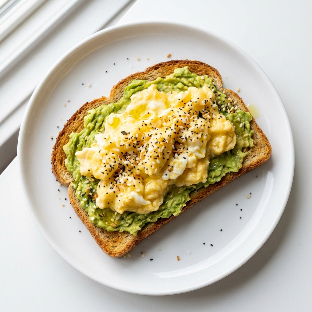 Avocado and Everything Scrambled Eggs on Gluten-Free Toast, prepared as a finished Lila recipe