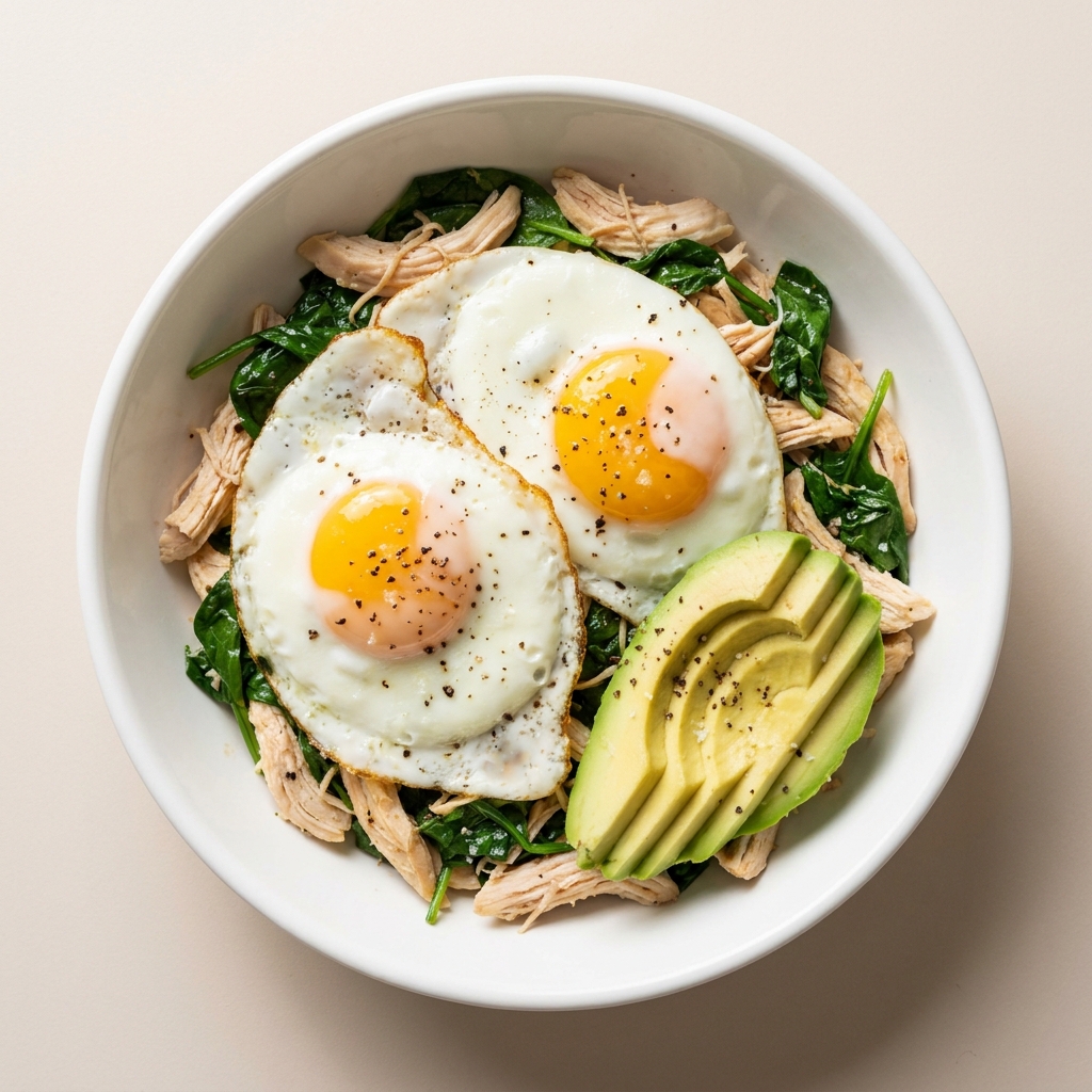Savory Shredded Chicken and Spinach Fried Egg Bowl, prepared as a finished Lila recipe