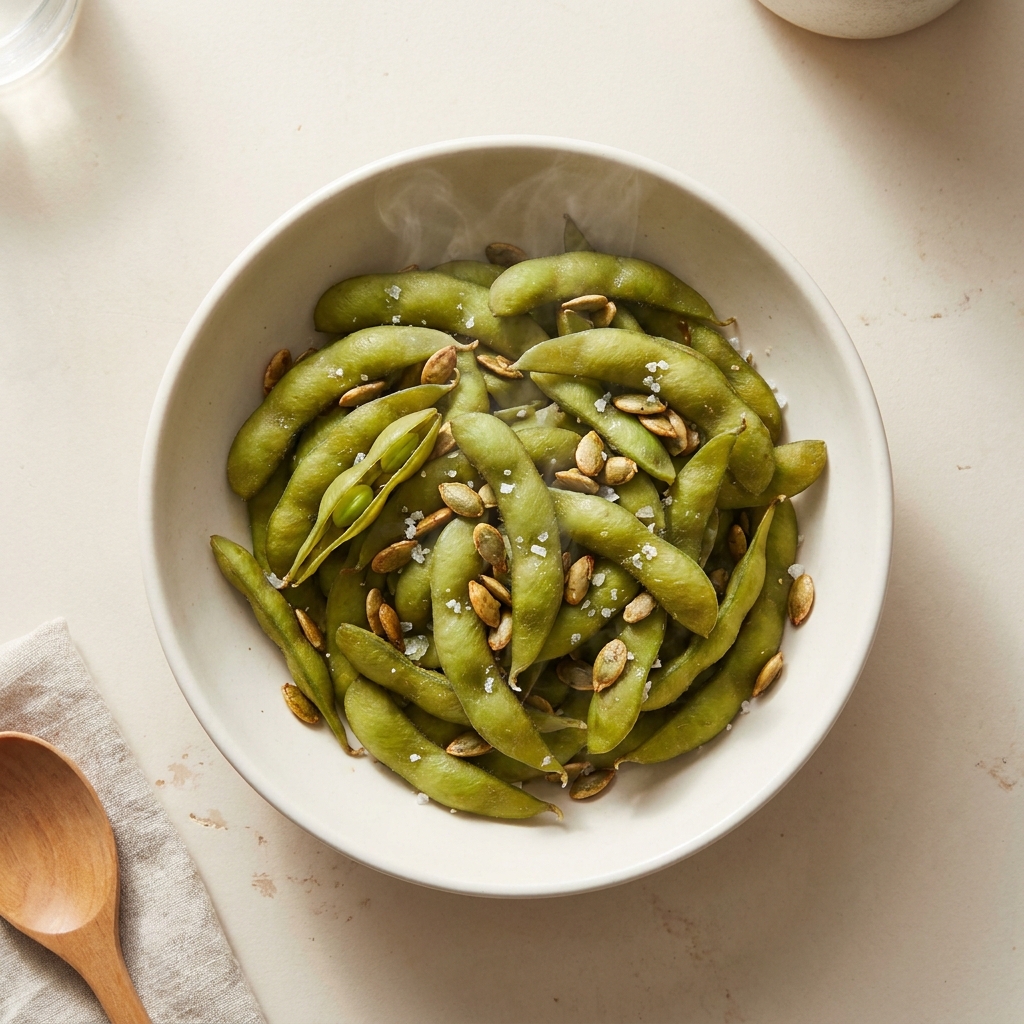 Chilled Edamame and Salted Pumpkin Seeds, prepared as a finished Lila recipe