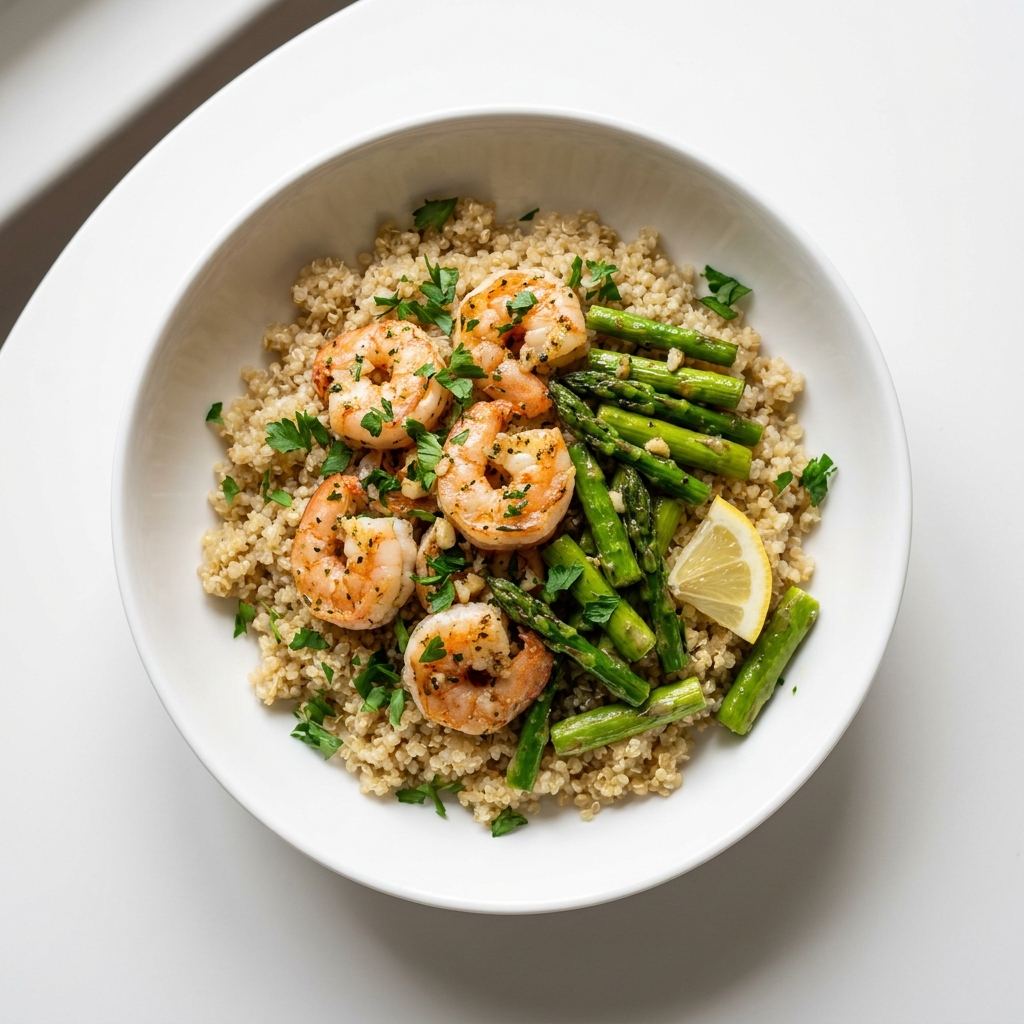 Garlic Herb Shrimp Quinoa Bowl with Asparagus, prepared as a finished Lila recipe