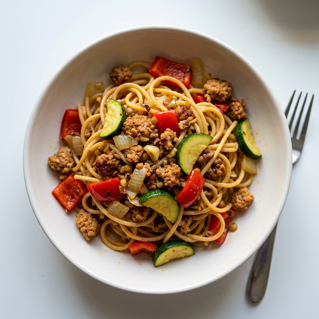 Protein Pasta Skillet with Crumbled Plant Patty and Veggies, prepared as a finished Lila recipe