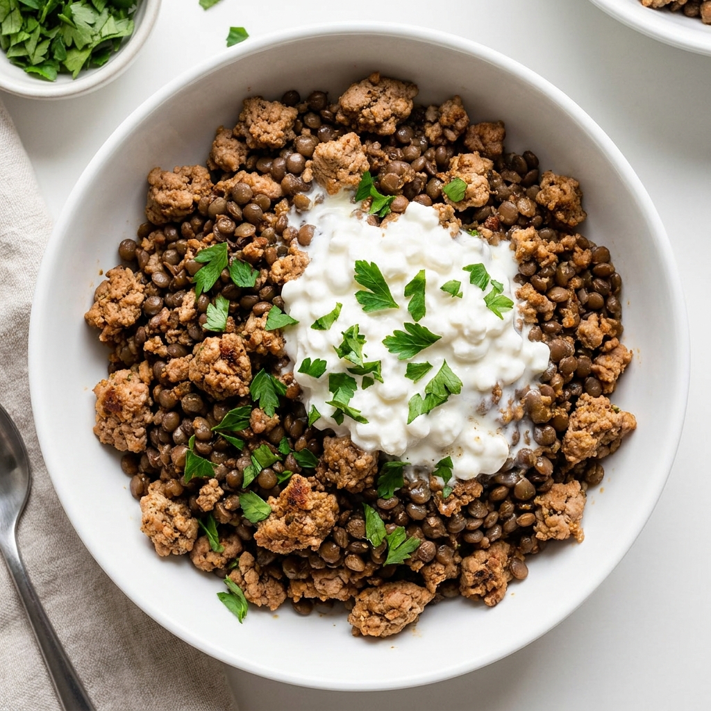 Warm Turkey and Lentil Power Bowl with Cottage Cheese, prepared as a finished Lila recipe