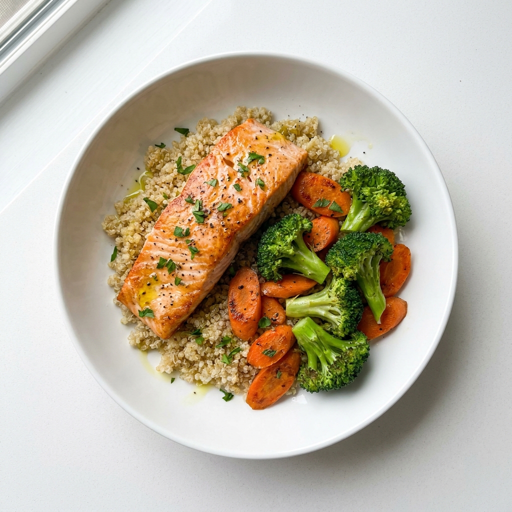 Salmon and Quinoa Power Bowl, prepared as a finished Lila recipe