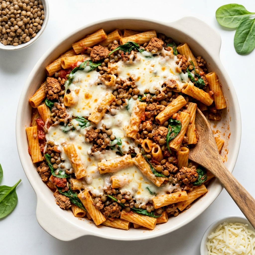 Family Style Protein Pasta Bake with Lentils, prepared as a finished Lila recipe