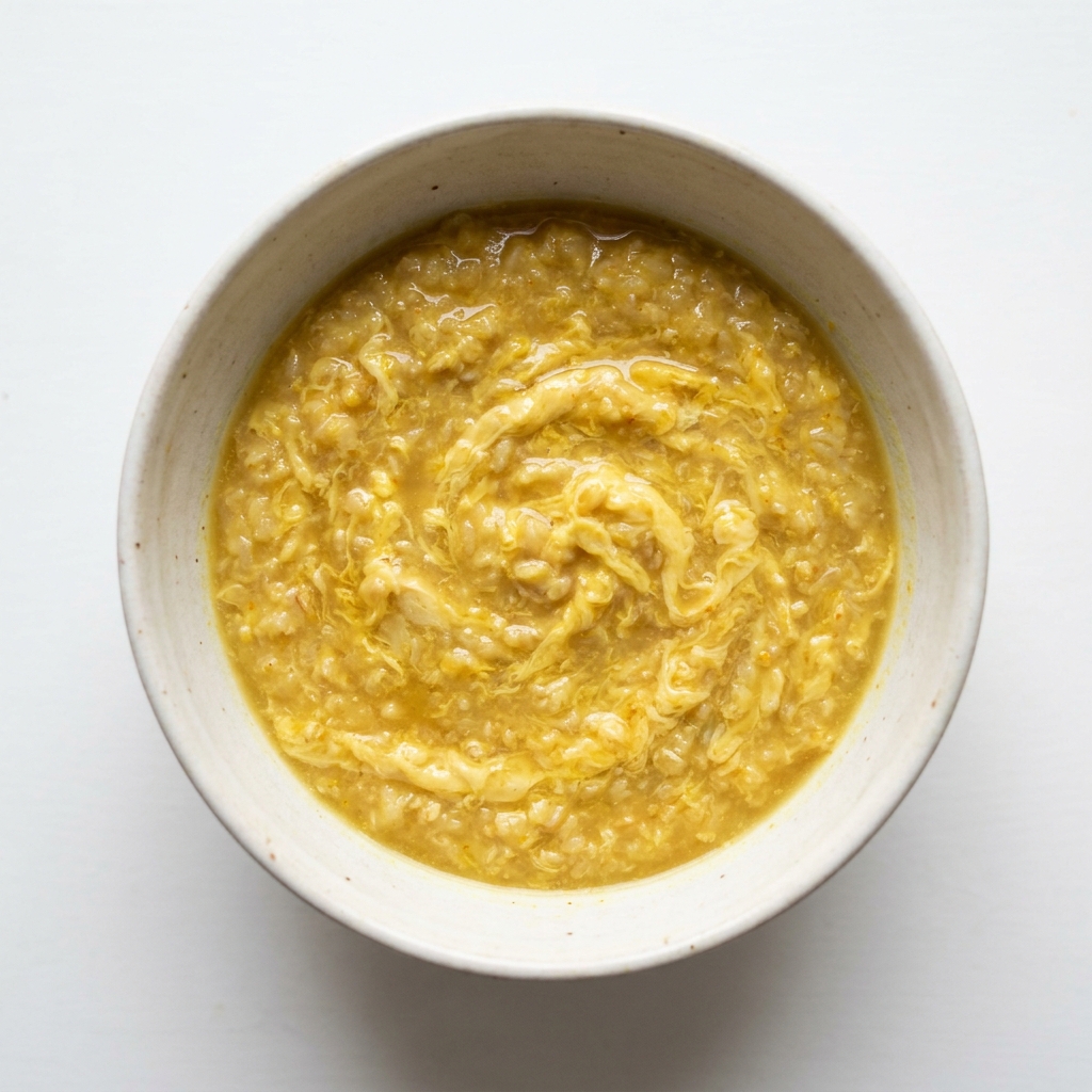 Warm Golden Egg Drop Bone Broth Porridge, prepared as a finished Lila recipe
