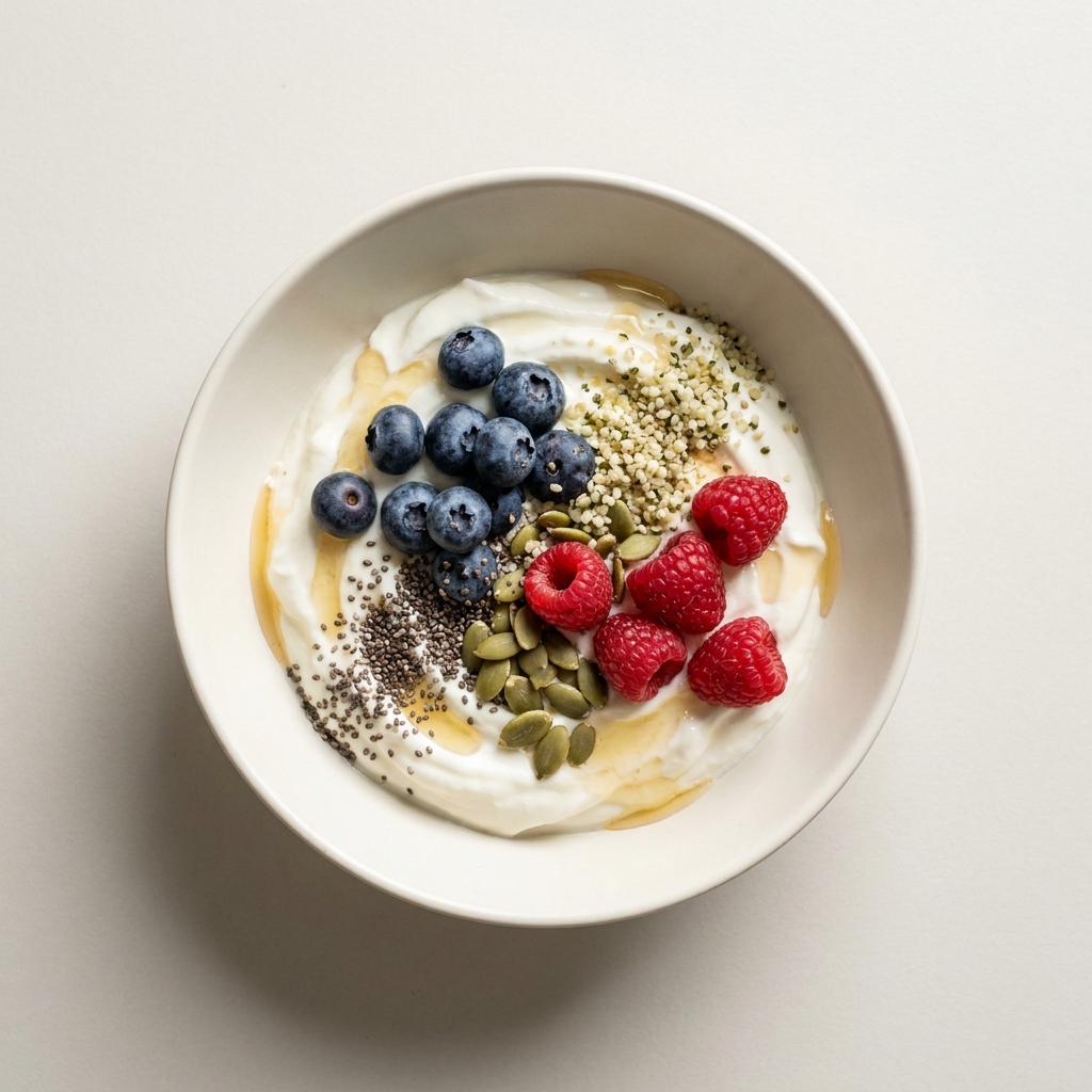 Berry and Seed Greek Yogurt Bowl, prepared as a finished Lila recipe