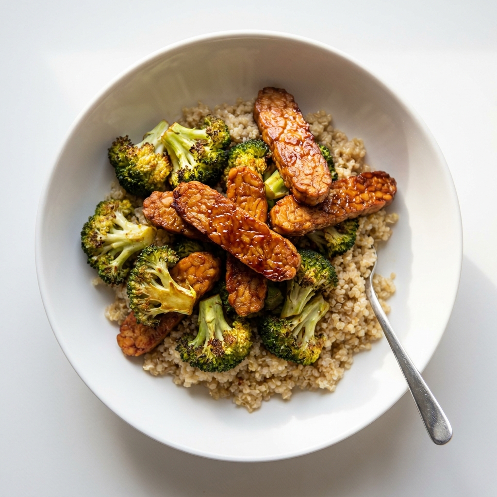 Pan-Seared Tempeh with Roasted Broccoli and Quinoa, prepared as a finished Lila recipe