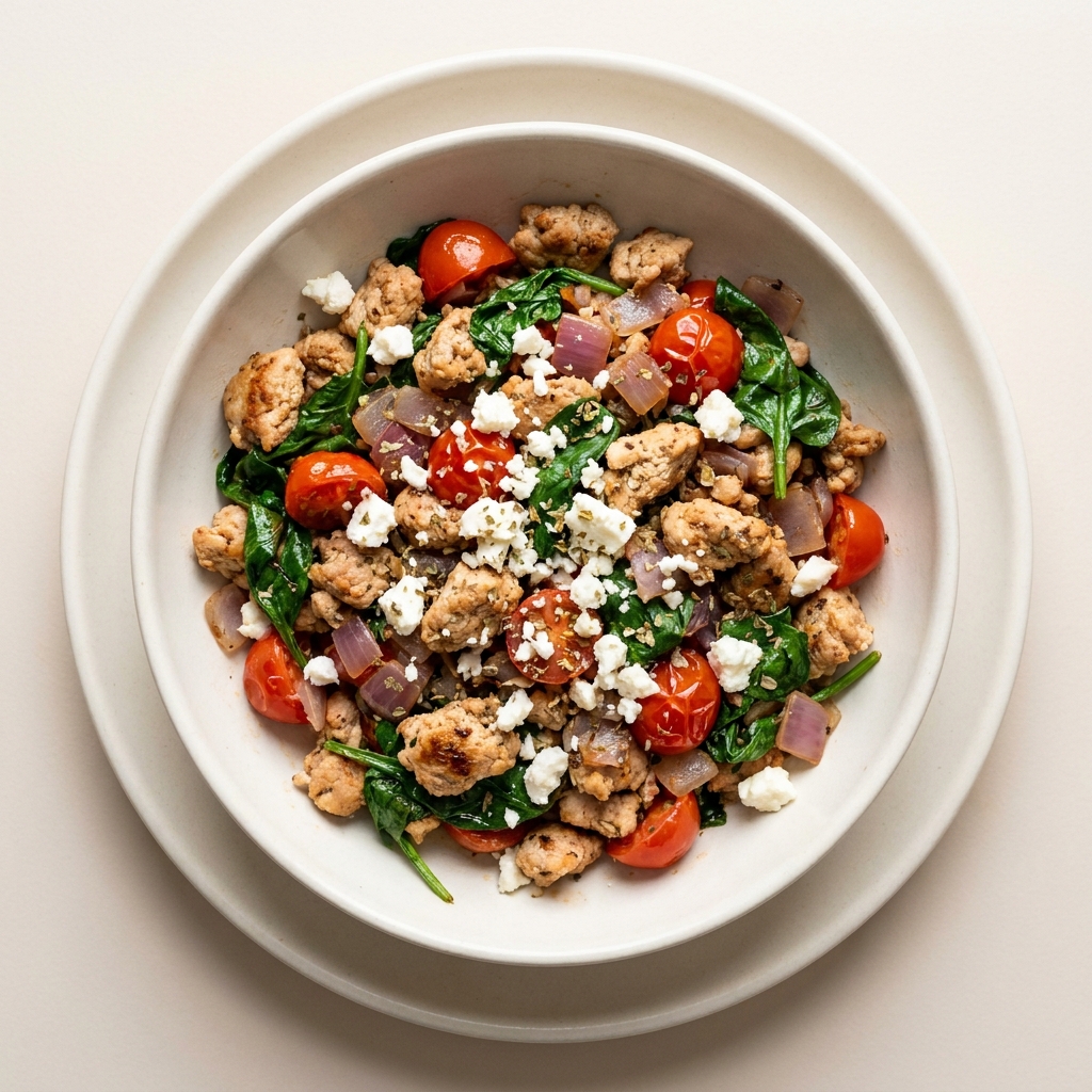 Mediterranean Ground Chicken and Spinach Skillet, prepared as a finished Lila recipe