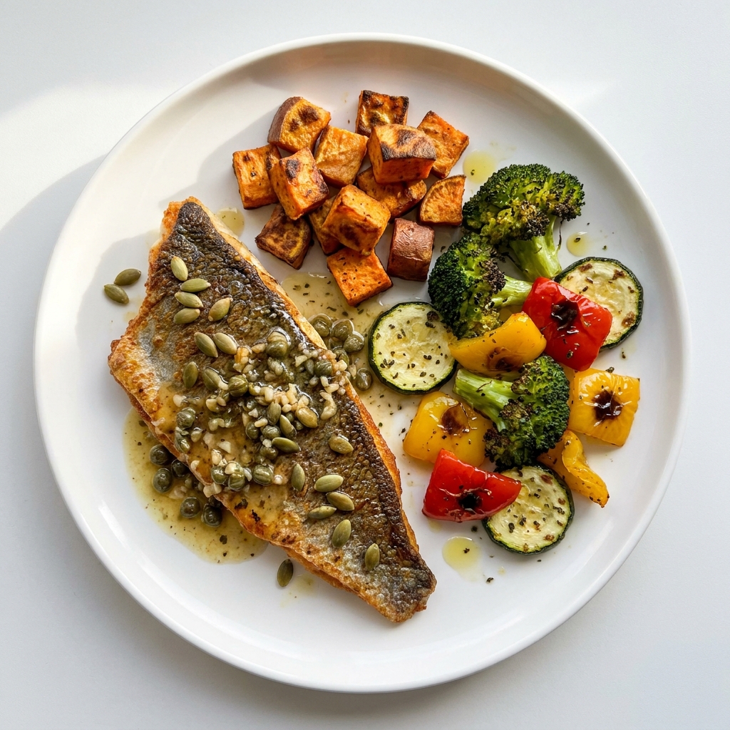Crispy Lemon Caper Sea Bass with Roasted Veggies, prepared as a finished Lila recipe