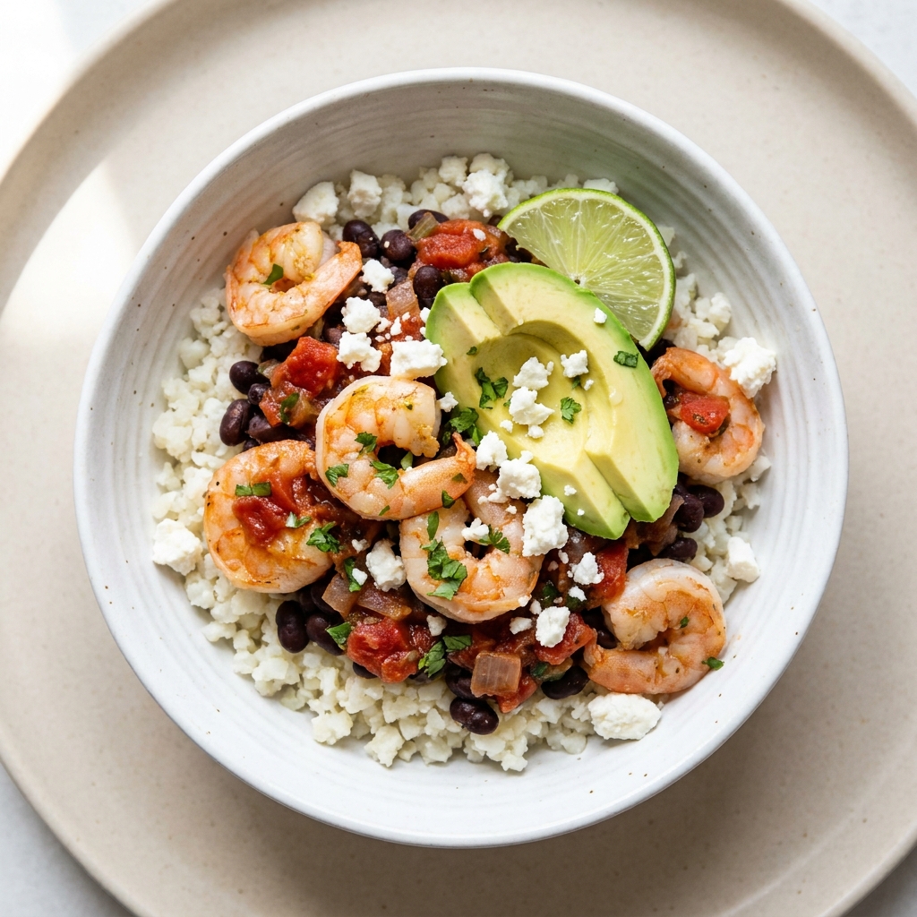 Mexican Shrimp and Black Bean Cauliflower Bowl, prepared as a finished Lila recipe