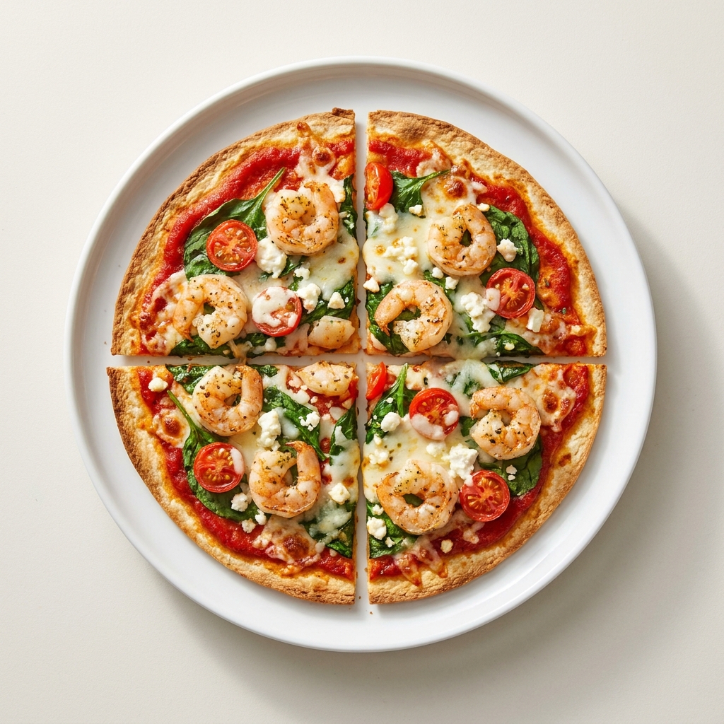 Crispy High-Protein Garlic Shrimp Tortilla Pizza, prepared as a finished Lila recipe