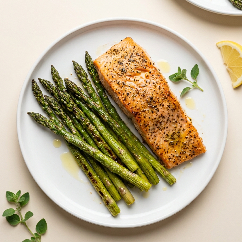 Air Fryer Mediterranean Salmon with Roasted Asparagus, prepared as a finished Lila recipe