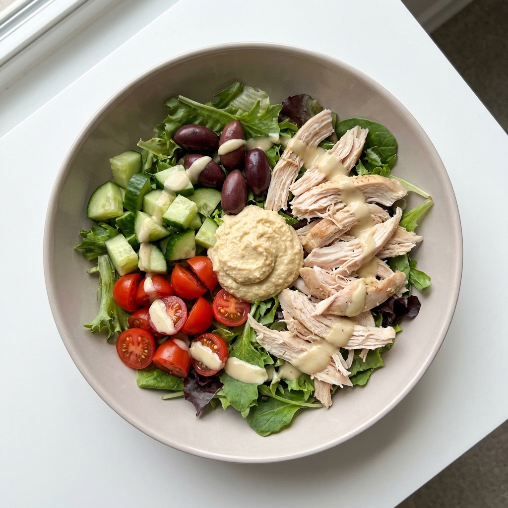 No-Cook Mediterranean Rotisserie Chicken Bowl, prepared as a finished Lila recipe