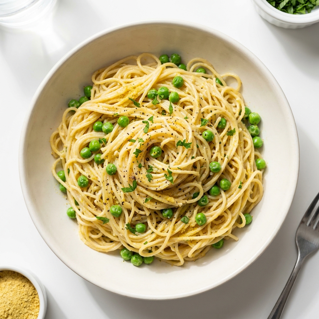 Garlic Butter Angel Hair Pasta with Sweet Peas, prepared as a finished Lila recipe