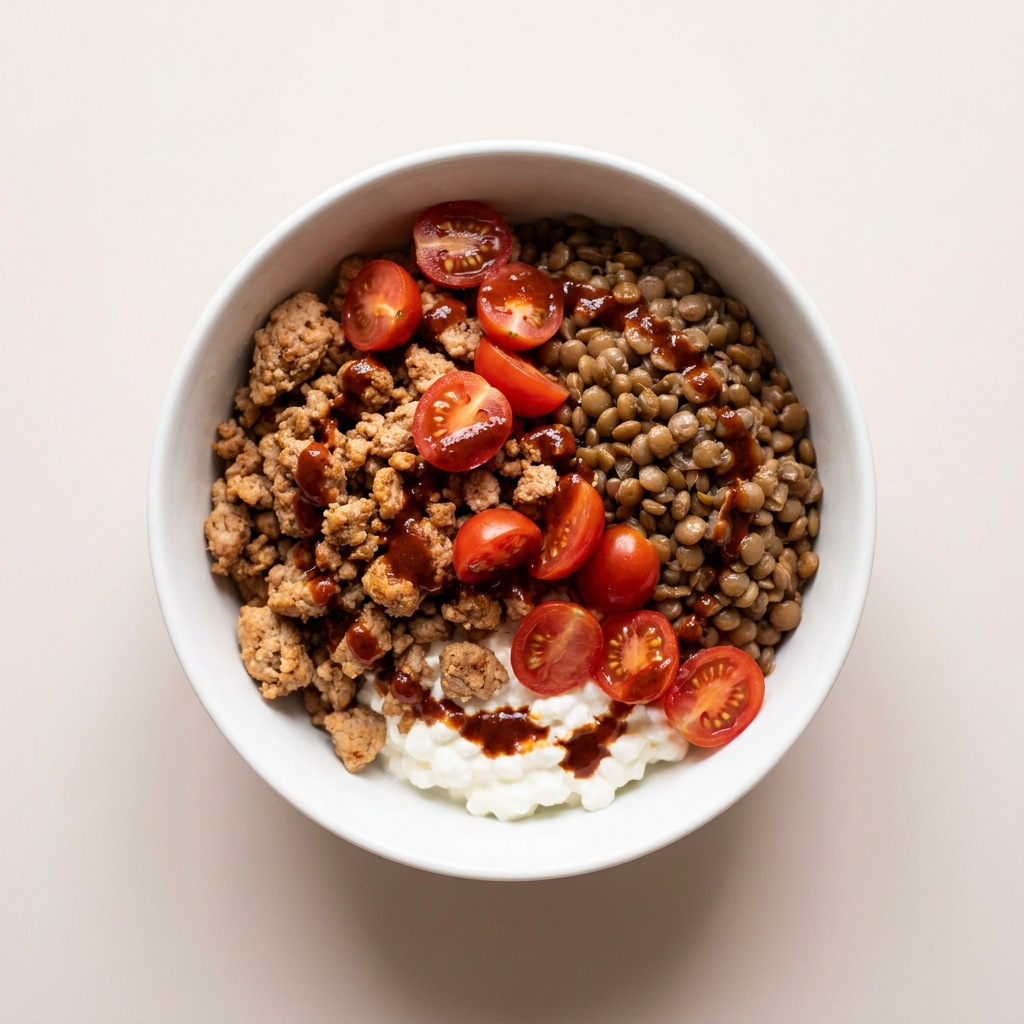 Chipotle Turkey and Lentil Cottage Cheese Bowl, prepared as a finished Lila recipe