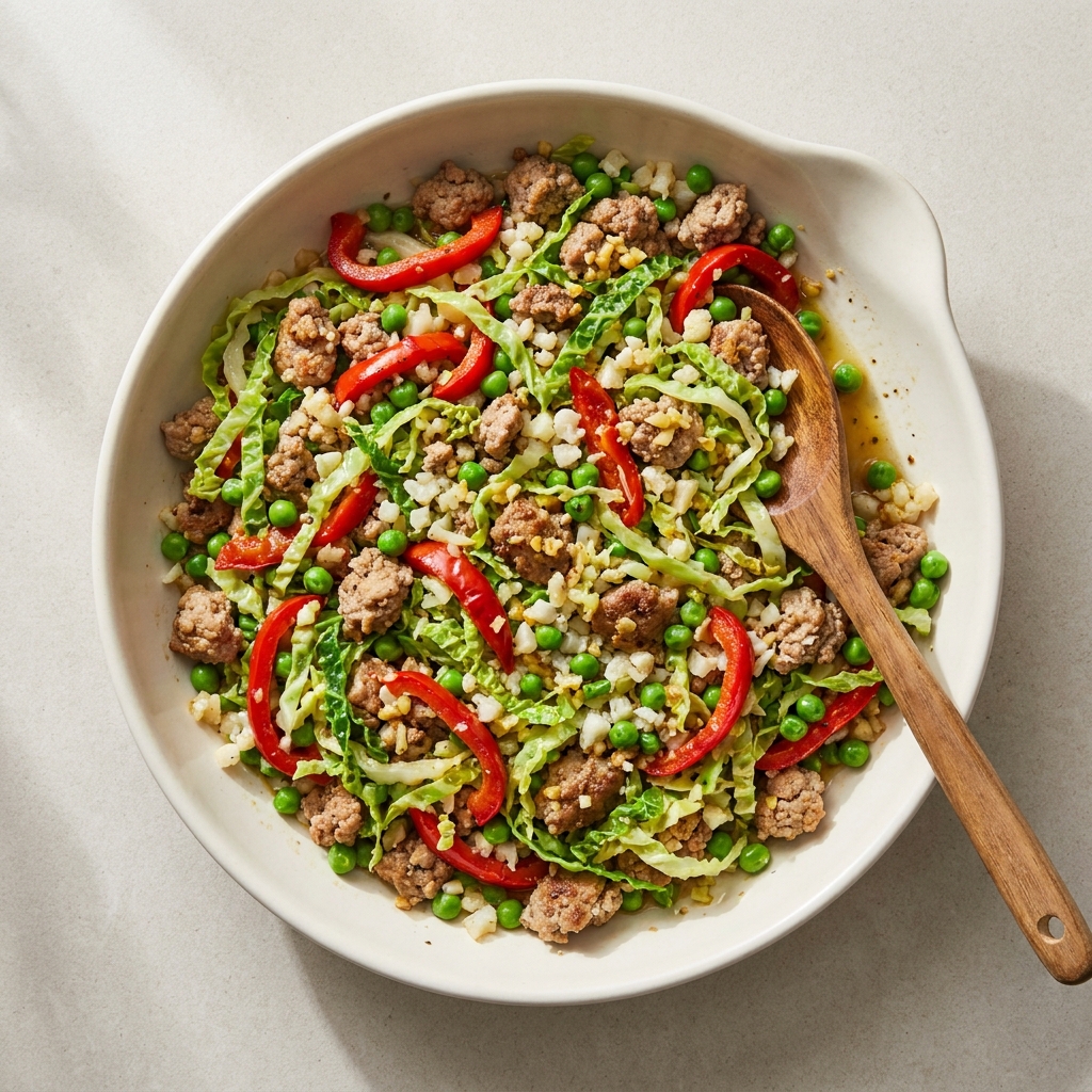 Savory Ground Turkey Savoy Cabbage Skillet, prepared as a finished Lila recipe