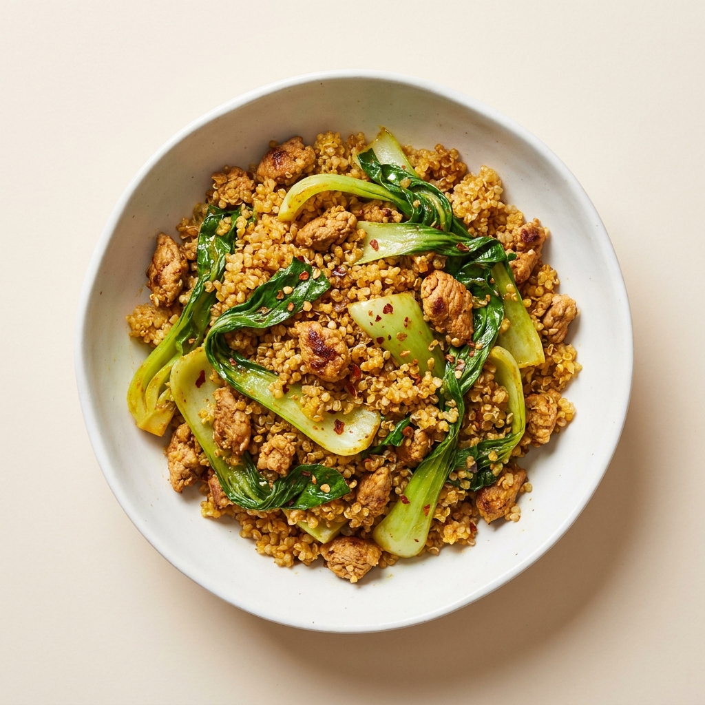 Smoky Turkey and Pak Choi Quinoa Skillet, prepared as a finished Lila recipe