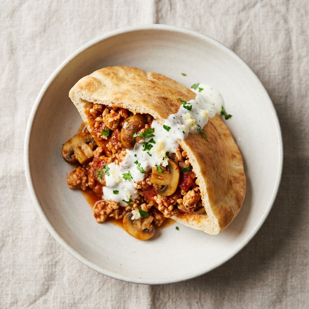 Saucy Chicken Mince and Mushroom Pittas, prepared as a finished Lila recipe