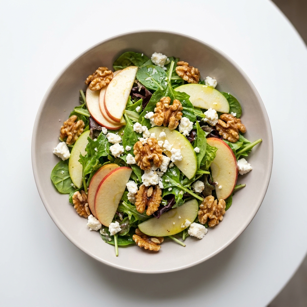 Crisp Apple and Walnut Mixed Green Salad, prepared as a finished Lila recipe
