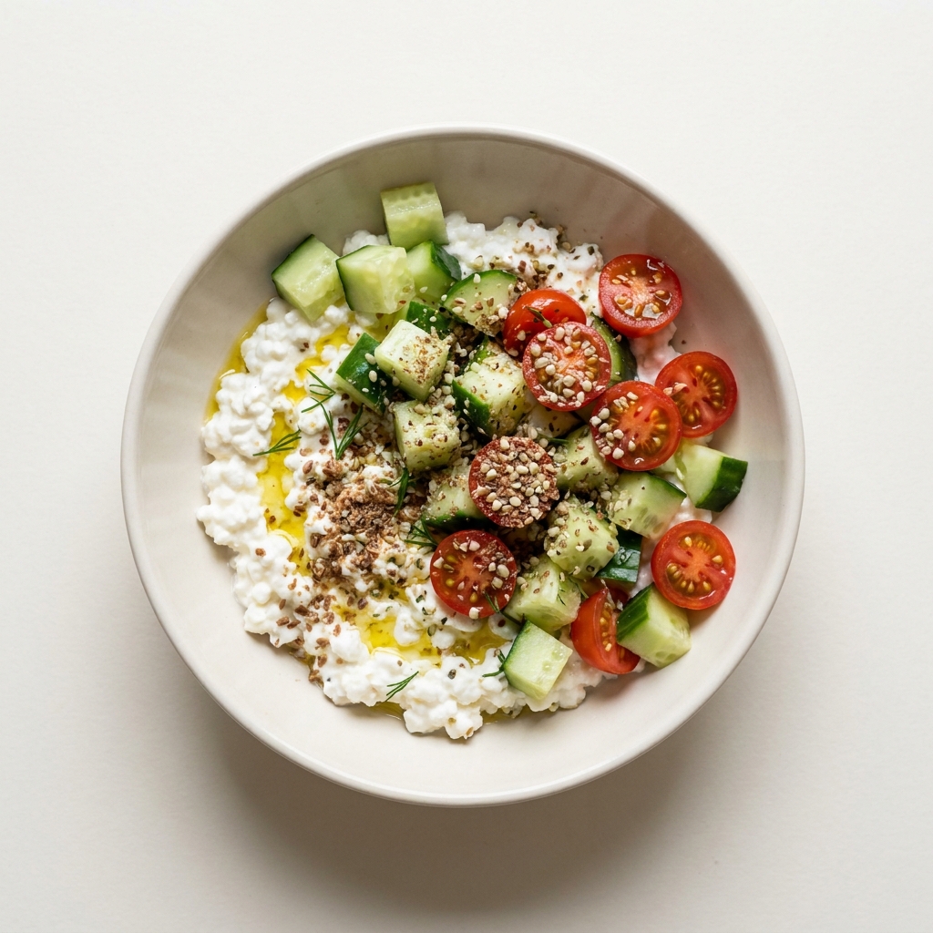Savory Herb Cottage Cheese Bowl with Flaxseed, prepared as a finished Lila recipe